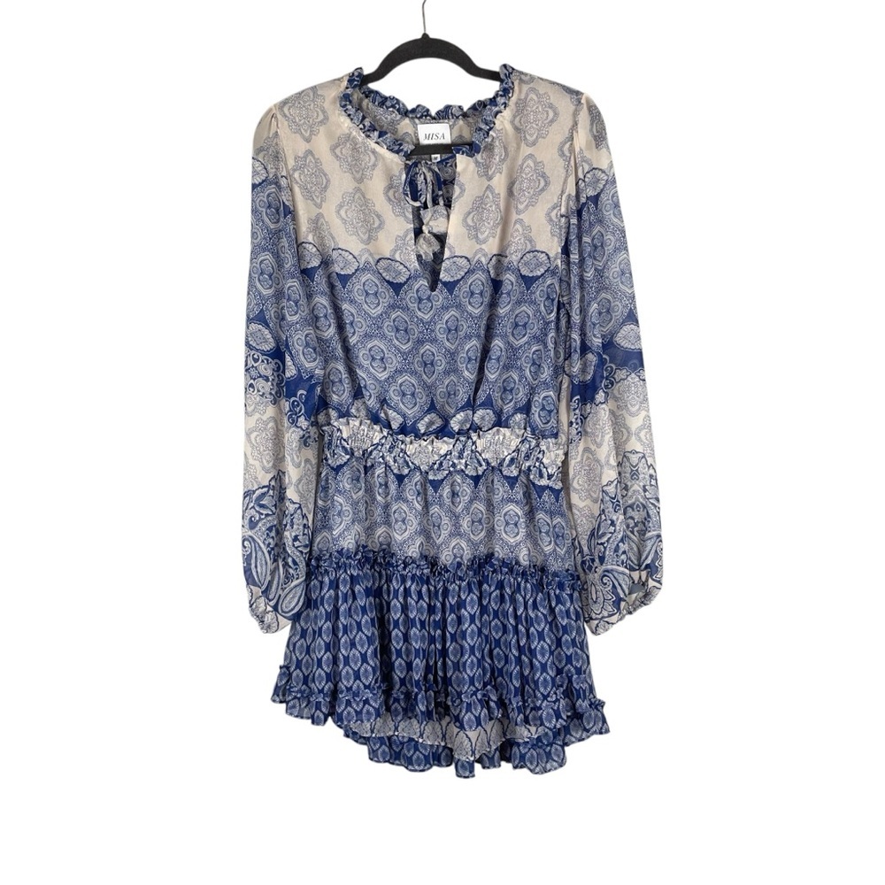 Misa Los Angeles Blue and White Paisley Long Sleeve Mini Dress